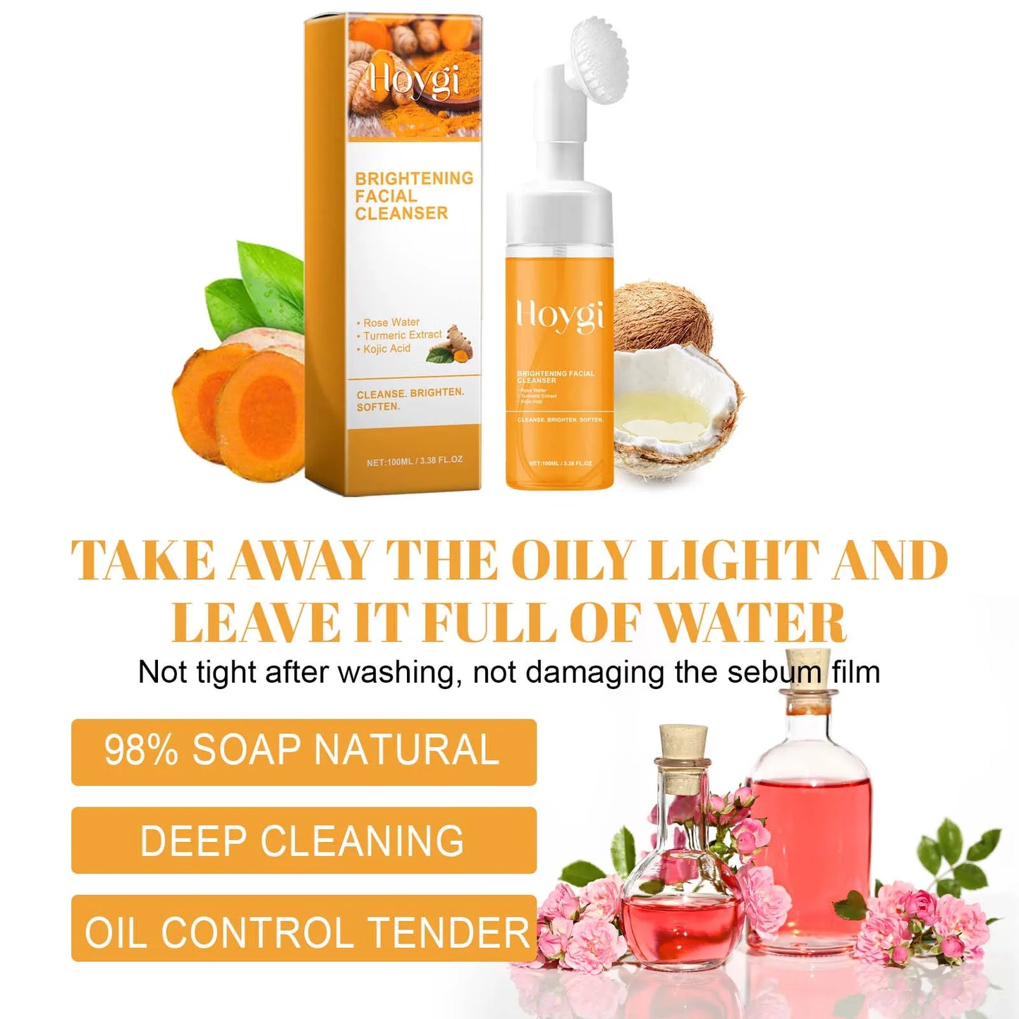 Nettoyant au curcuma, nettoyage en profondeur, acide kojique, dissolvant de points noirs, nettoyage de la peau, contrôle de l'huile, estompe les marques d'acné, mousse éclaircissante