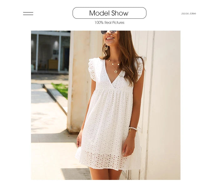 Robe en dentelle ajourée sexy, col en V, manches volantes, décontractée, été 2024