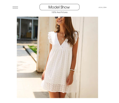 Robe en dentelle ajourée sexy, col en V, manches volantes, décontractée, été 2024