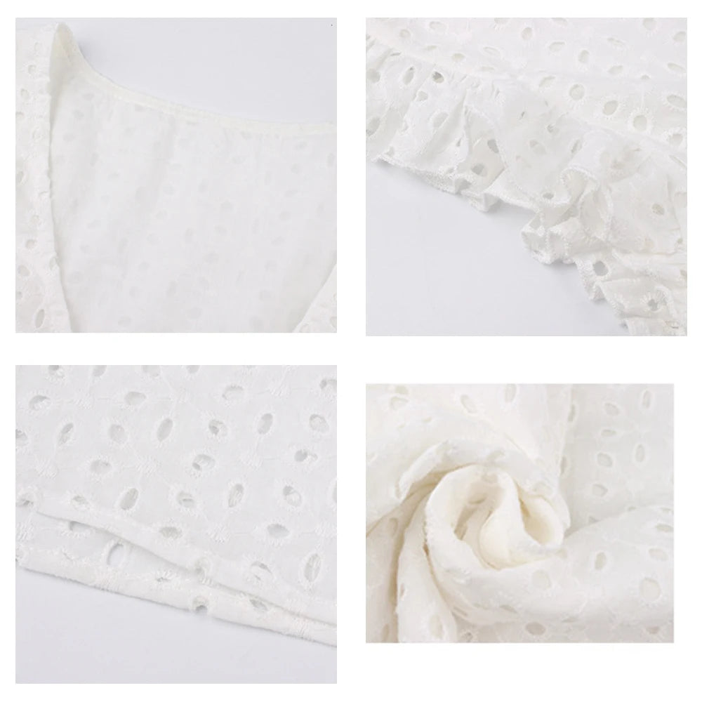 Robe en dentelle ajourée sexy, col en V, manches volantes, décontractée, été 2024