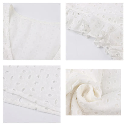 Robe en dentelle ajourée sexy, col en V, manches volantes, décontractée, été 2024