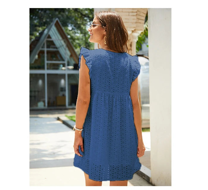 Robe en dentelle ajourée sexy, col en V, manches volantes, décontractée, été 2024