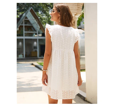 Robe en dentelle ajourée sexy, col en V, manches volantes, décontractée, été 2024