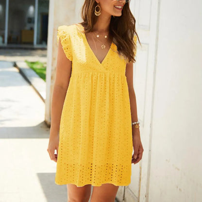 Robe en dentelle ajourée sexy, col en V, manches volantes, décontractée, été 2024
