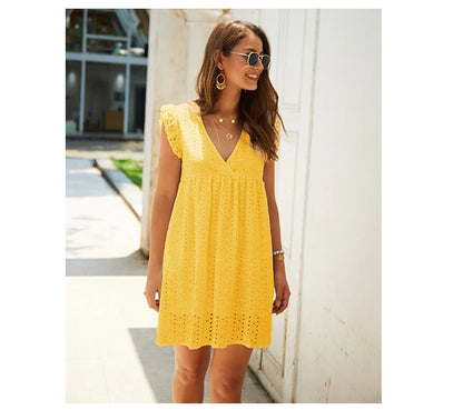 Robe en dentelle ajourée sexy, col en V, manches volantes, décontractée, été 2024