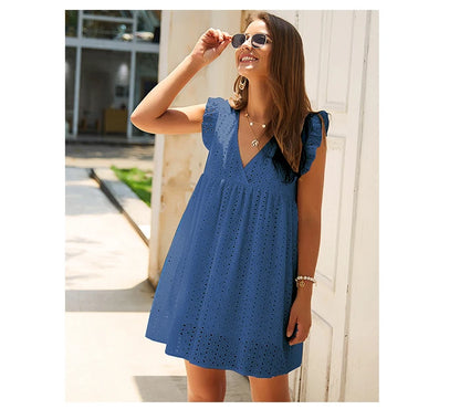 Robe en dentelle ajourée sexy, col en V, manches volantes, décontractée, été 2024