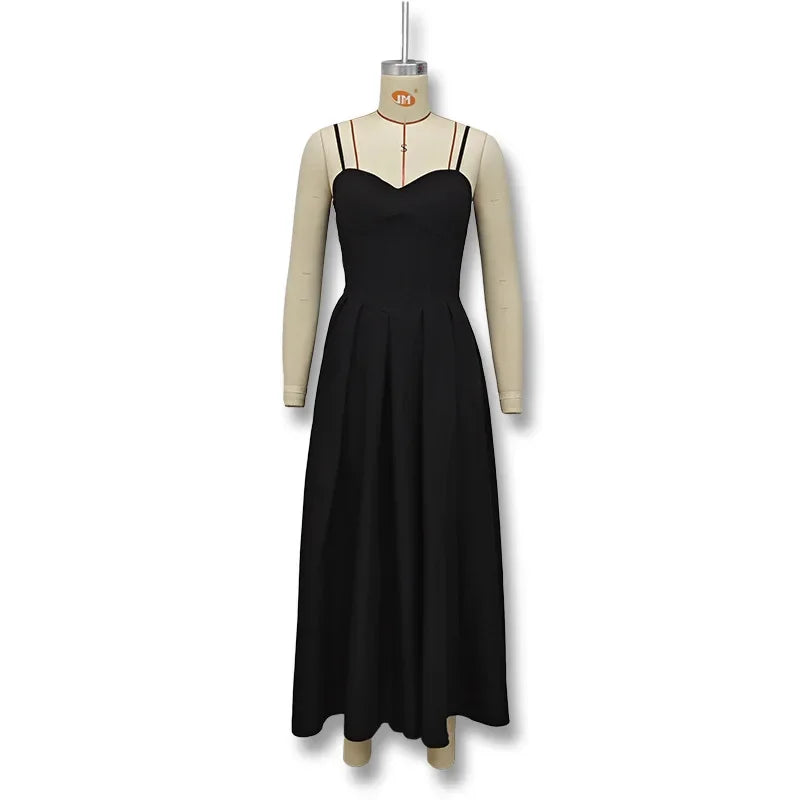 Robe Longue Noire Sexy à Col en V – Été 2024